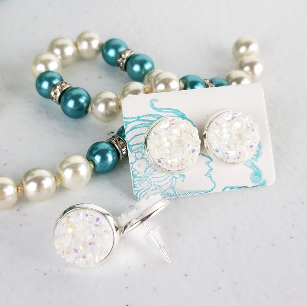 6/$20 White Iridescent Acrylic Druzy StudEarrings
